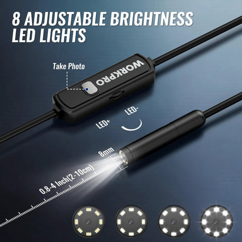 Endoscope Camera 16.4 Ft Cable 1920P HD For iOS And Android With Type C To Lightning And Type C To Micro USB Adapters Real Time View On Phones Tablets And PCs HarmonyOS Not Supported with 8 adjustable LED lights
