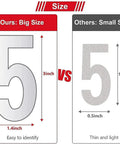 Comparison of large 3 inch reflective mailbox numbers set with 30 waterproof vinyl digits vs smaller sizes for visibility.
