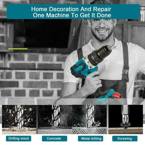 Heavy Duty Cordless Drill Electric Screwdriver Kit with LED work light and gloves in a workshop setting.