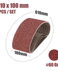 Heavy Duty Abrasive Screen Band Sander Belts For Effortless Grinding And Flawless Polishing, 5 Pack Sized 610X100MM, 100 Grit in a rolled view.