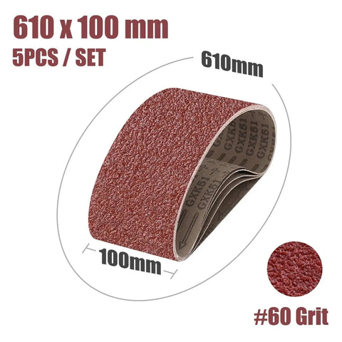 Heavy Duty Abrasive Screen Band Sander Belts For Effortless Grinding And Flawless Polishing, 5 Pack Sized 610X100MM, 100 Grit in a rolled view.