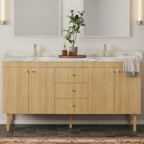 Bathroom vanity with 5 Pack Brushed Gold Cabinet Knobs Made From Solid Zinc Alloy, Premium Kitchen Drawer Hardware And Cupboard Pulls For Cabinets