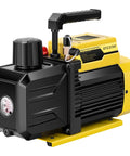 Heavy Duty 1/4 Hp 3.5 Cfm Hvac Air Conditioning Vacuum Pump Featuring Single Stage Rotary Vane Design That Runs No Sweat With 110V Power for quick ac line purge, showcasing the black and yellow vacuum pump.