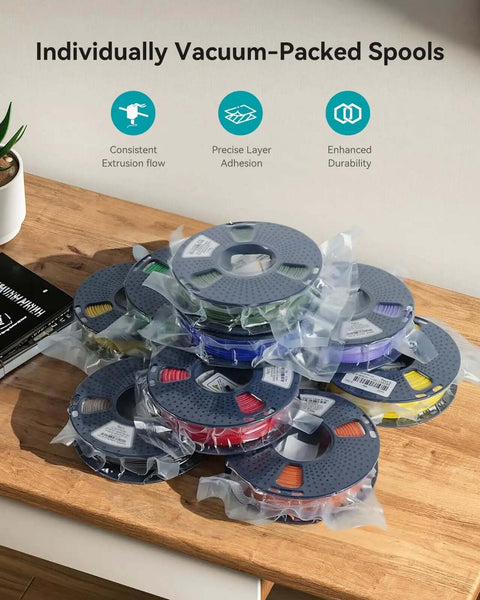 Clear PLA Filament Bundle 1.75mm Multicolor 4 Spools 250g Each Individually Vacuum Packed for 3D Printing on a table