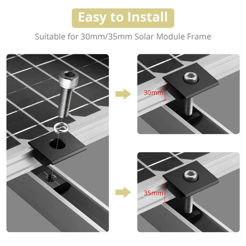 Image showing installation process for 10 Pack Aluminum T Shaped Solar Panel Center Clamps For 30mm And 35mm Rail Mounting Brackets.