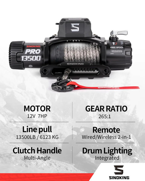 Pro Series 13500 Lb 12V Electric Winch With Synthetic Rope, 2 In 1 Wired And Wireless Remote, IP67 Waterproof, 7 HP Motor, Heavy Duty Recovery For Jeep SUV Truck And Trailer front view