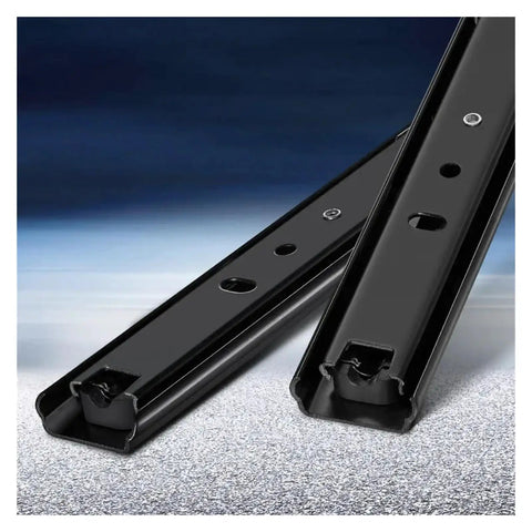 Heavy Duty Cold Rolled Steel Drawer Slides Two Section Butter Smooth Cabinet Tracks 12 Inch close-up view of black drawer slides.