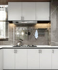 Modern kitchen with 10 Pack 3 Inch Brushed Satin Nickel Cabinet Pulls For Kitchen Cabinets And Drawers installed on white cabinets.