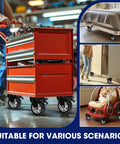 Front view of a red metal tool cabinet mounted on four heavy-duty locking caster wheels.