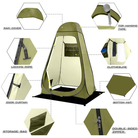 Diagram of Pop Up Privacy Shower Tent with Windows for Camping, highlighting features like rain cover, locking rope, and clothesline.