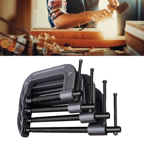 The Ultimate 4pcs C Clamps Set With Versatile Sizes Including 3 Inch, 4 Inch, 6 Inch And 8 Inch For Heavy Duty Woodworking, Welding, Carpentry And Furniture Assembly Made From Thickened Industrial Steel That Totally Slaps displayed in workshop with a woodworker.