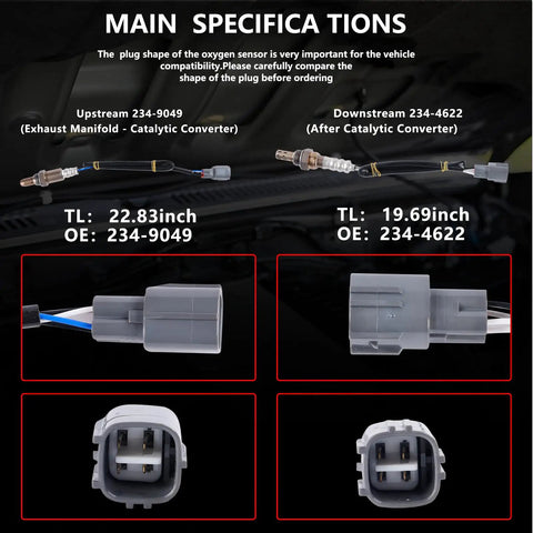 Diagram showing Toyota Camry And RAV4 Oxygen Sensor 2 Pack Plug-And-Play Upstream Downstream O2 Sensor Set specifications.