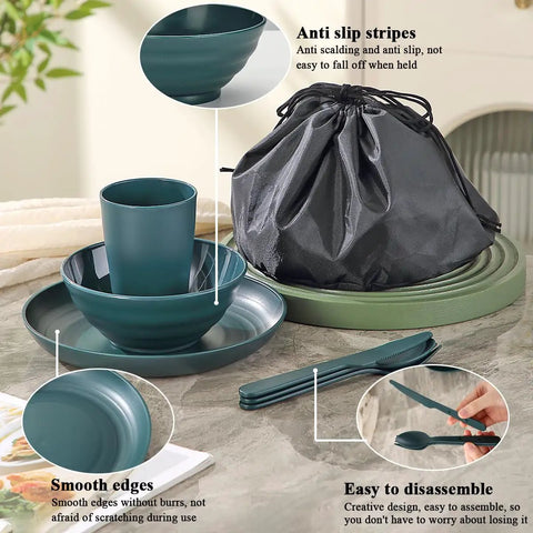 Camping Mess Kit For Two With Plates, Bowls, Cups, Utensils, And Carry Bag. Includes anti-slip plates, smooth edges, easy disassembly.