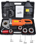 Electric Pipe Threader Machine With 2300 Watt Motor And Four Carbon Steel Dies For Threading One Half To Two Inch Pipes in tool case.