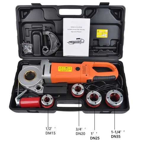 Electric Pipe Threader Machine With 2300 Watt Motor And Four Carbon Steel Dies For Threading One Half To Two Inch Pipes in tool case.