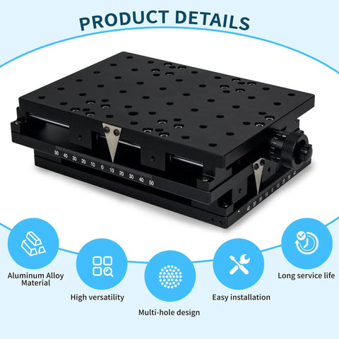 XY Axis Manual Stage With Precision Lead Screw Drive, anodized black sliding table, aluminum, 210x150mm, top view