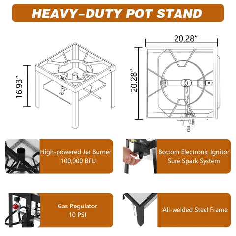 Diagram of 80 Quart Seafood Boiling Kit Outdoor Boil Pot with 100000 BTU Propane Burner and 10 PSI Regulator features.