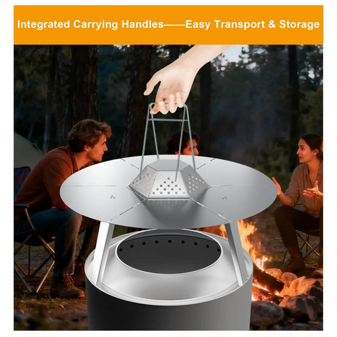 Person holding Heat Deflector For Bonfire And Fire Pit 19.5 Inch, 304 Stainless Steel With Carrying Handle And 3 Leg Stand outdoors