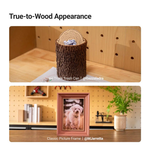 Straight Up Wood PLA Filament 1.75mm For 3D Printers With Realistic Maple Grain And Matte Finish in a tree trunk styled trash can.