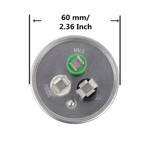 Top view of 55 Plus 15uF Dual Run Start Round Capacitor For Condenser And Air Conditioner Heat Pump Motors And Fans, 370 To 440 VAC