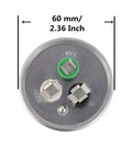 Top view of 55 And 7.5 UF Dual Run Circular Start Capacitor showing terminals and dimensions for HVAC systems.