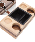 Premium Walnut Wood Coffee Knock Box And Espresso Tamper Stand Holder With Anti Slip Base detailed view showing walnut and maple finish.