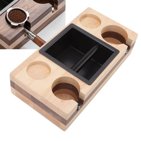 Premium Walnut Wood Coffee Knock Box And Espresso Tamper Stand Holder With Anti Slip Base detailed view showing walnut and maple finish.