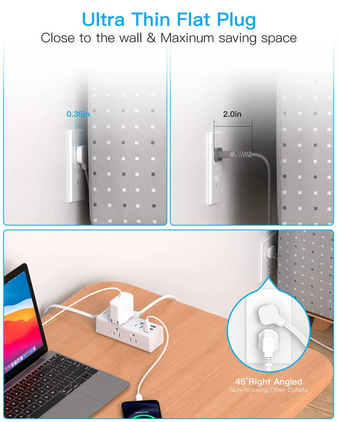 Ultra Flat Power Strip With 6 Outlets And 3 USB Ports No Surge Protection Slim 5 Ft Flat Cord Right Angle Plug Wall Mount Extender