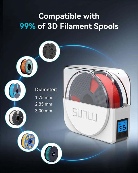 Filament Dryer And Storage Box With Built In Circulation Fan For 3D Printer Filaments 1.75 2.85 3.00mm with spools and dimensions.