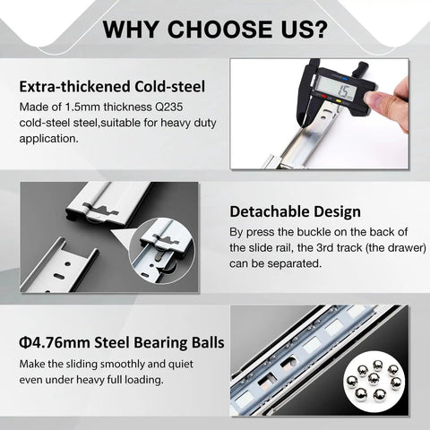 Heavy Duty Full Extension Drawer Slides 12 To 40 Inch Side Mount Rails Beefy Ball Bearing Runners Built To Last 136 Lb Capacity Durable Steel Construction For Cabinets Chests And Tool Drawers with extra-thickened cold-steel and detachable design features shown.