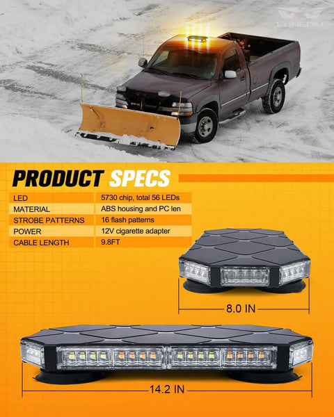 Heavy Duty 56 Led Amber White Rooftop Beacon Strobe Light Bar For Trucks And Work Vehicles Pro Grade Warning Flasher Lamp For Snowplows Job Sites Farms Slick Compact Build For Top Shelf Visibility