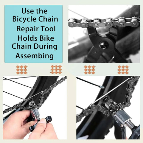 All In One Bicycle Chain Repair Kit With Chain Breaker And Splitter Master Link Pliers Wear Indicator displaying usage instructions.