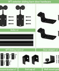9ft black exterior sliding barn door hardware kit with 6ft sliding track, wall mount brackets, rollers, door stoppers, and guides.