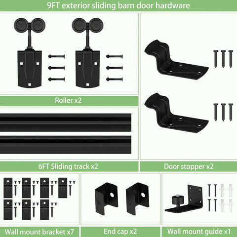 9ft black exterior sliding barn door hardware kit with 6ft sliding track, wall mount brackets, rollers, door stoppers, and guides.