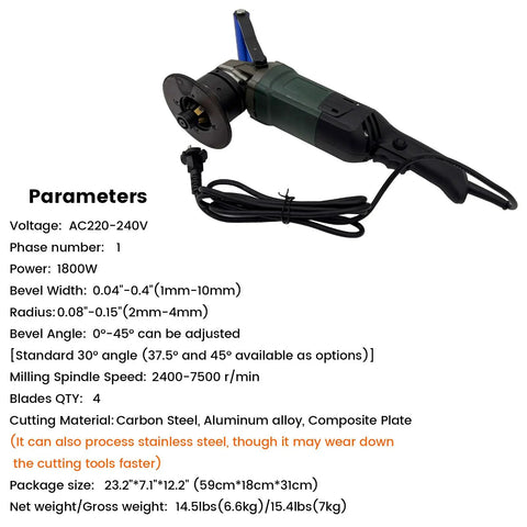 Hella Powerful 1800W Portable Curved Beveling Machine With Four Blades, showing adjustable bevel angle and power cord.