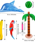Luau Party Inflatable Decor Set with dolphin, watermelon, coconut tree, banana, parrot, and air pump, various sizes shown.