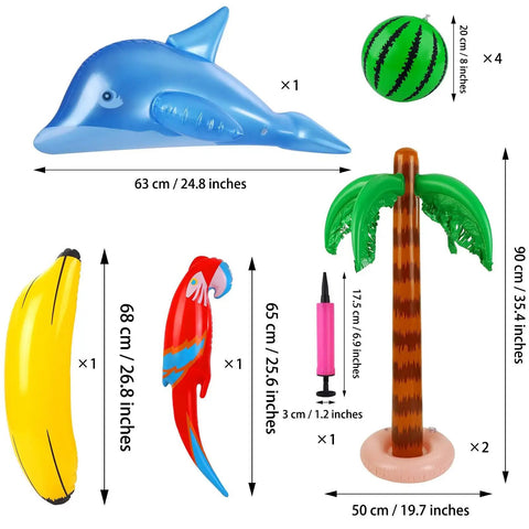 Luau Party Inflatable Decor Set with dolphin, watermelon, coconut tree, banana, parrot, and air pump, various sizes shown.