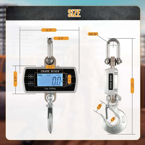 Digital Crane Scale 2200 Pound Capacity Heavy Duty Hanging Scale For Farms And Wild Game Weighing Portable Hoist With Four Units Kg Lb N And Custom Unit Upgraded Sensor Industrial Grade, front and side dimensions shown, aluminum body.