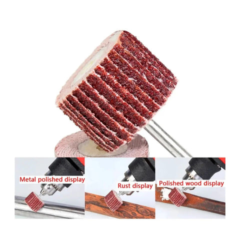 21 Piece Flap Sanding Wheel Kit With 3mm Shank For Rotary Tools shown sanding metal, rust, polished wood surfaces