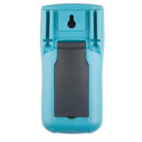 No Nonsense 6000 Count Digital Multimeter With True Rms Auto Manual Ranging For Capacitance Temperature Ac Dc Voltage And Current Test Including Slick LCD Screen Back of teal multimeter with black accents.
