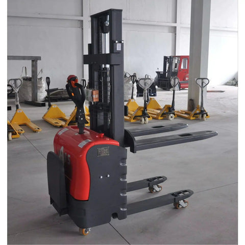 Heavy Duty Electric Pallet Stacker Forklift powered warehouse lift truck with black and red finish in a warehouse setting.