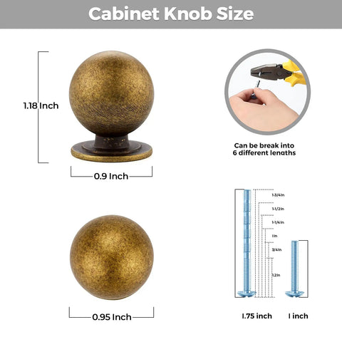 Antique Brass Round Cabinet Knobs 6 Pack, Dresser Hardware, Ball Style Kitchen Knob Set, dimensions and adjustable length details.