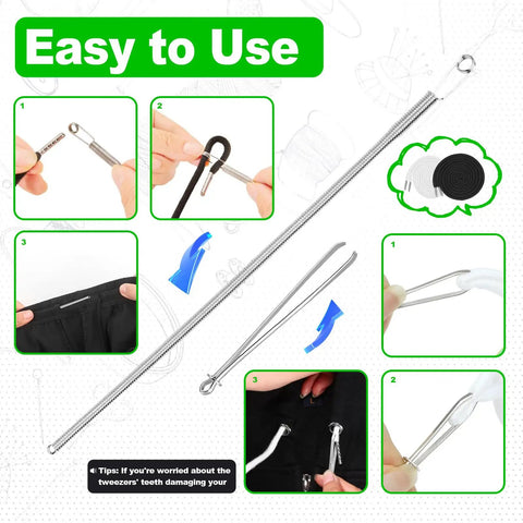 Diagram showing 12 Replacement Drawstrings for Pants, Jackets and Hoodies in White and Black Plus 3 Drawstring Threader Tools.