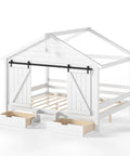 Kid Approved Full Size Floor Bed Frame With Sliding Barn Door And Built In Soft Glow Light showing barn door design and storage drawers.