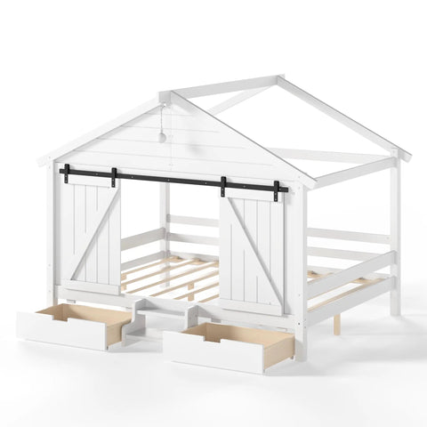 Kid Approved Full Size Floor Bed Frame With Sliding Barn Door And Built In Soft Glow Light showing barn door design and storage drawers.