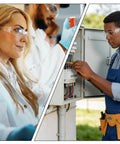 Rock Solid Bulk Safety Glasses Clear Protective Eyewear For Job Sites And Labs Work Ready Lightweight Crew Packs worn by a woman in lab and a man working on electrical panel.
