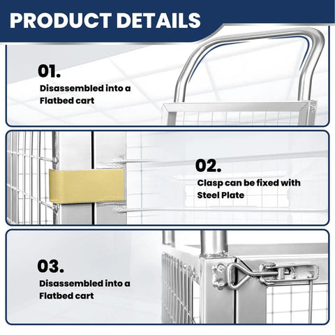 Close-up of 4-In-1 Wire Mesh Cage Cart With 360 Degree Rotating Wheels showcasing disassembly and clasp detail.