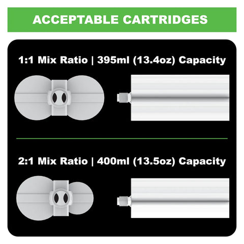 B-Line Manual Epoxy Adhesive Gun for Twin Cartridges 1 to 1 and 2 to 1 Mixes, 400 Series, cartridge size chart, black and green background