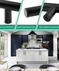 Matte black cabinet pulls on a kitchen island, Six Pack Matte Black Drawer Pulls Set With Two And One Half Inch Hole Centers 64mm.