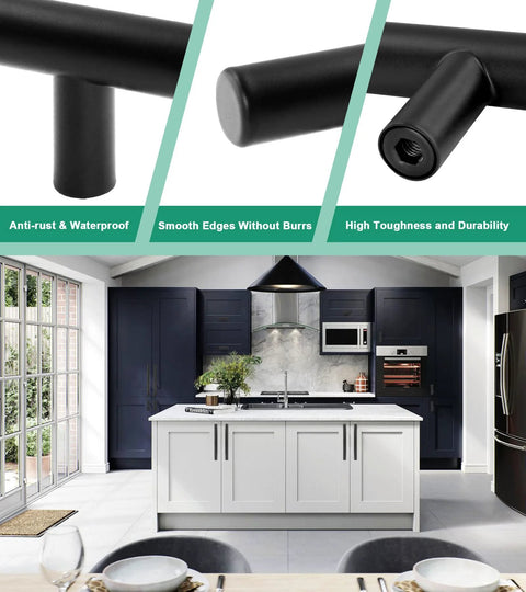Matte black cabinet pulls on a kitchen island, Six Pack Matte Black Drawer Pulls Set With Two And One Half Inch Hole Centers 64mm.